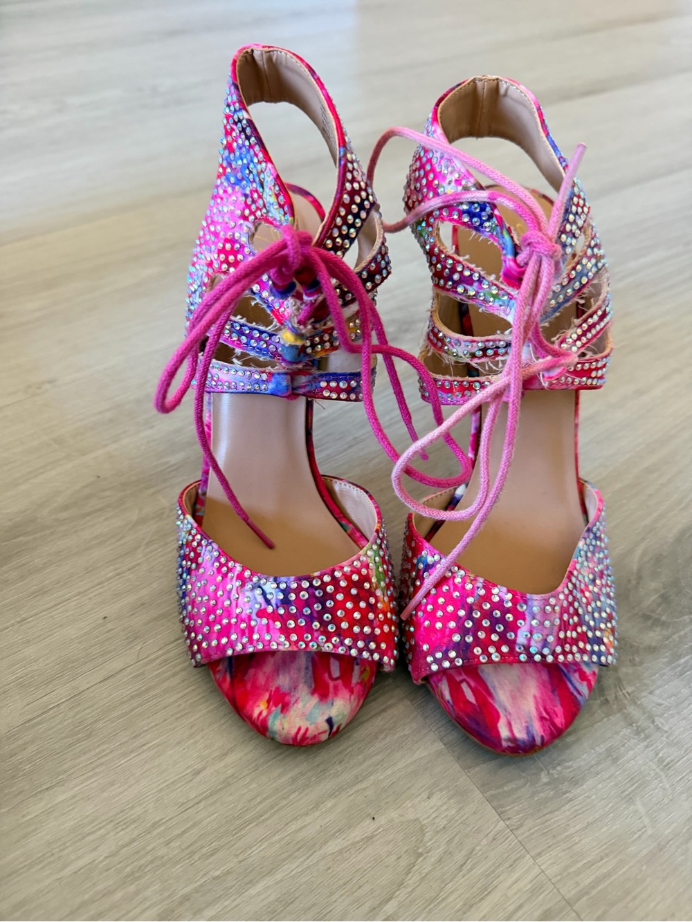 Thalia Sodii women’s  Pink Multi-Color Embellished Lace-Up Heels
